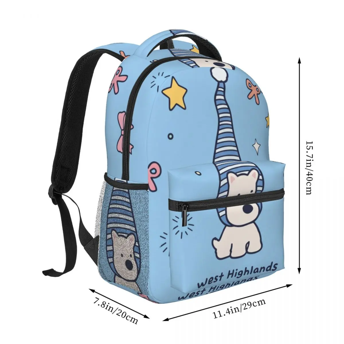 Cartoon School Backpack Center Hat Animal Whimsical Illustration Light Blue White Multi Cool Bookbag for Girls Boys College Pet