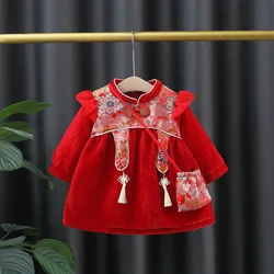 Red Long Sleeved Retro Style Baby Girl Dress, Autumn And Winter New Thick Children'S Clothing With Free Gift Bag（0-3 Years Old）