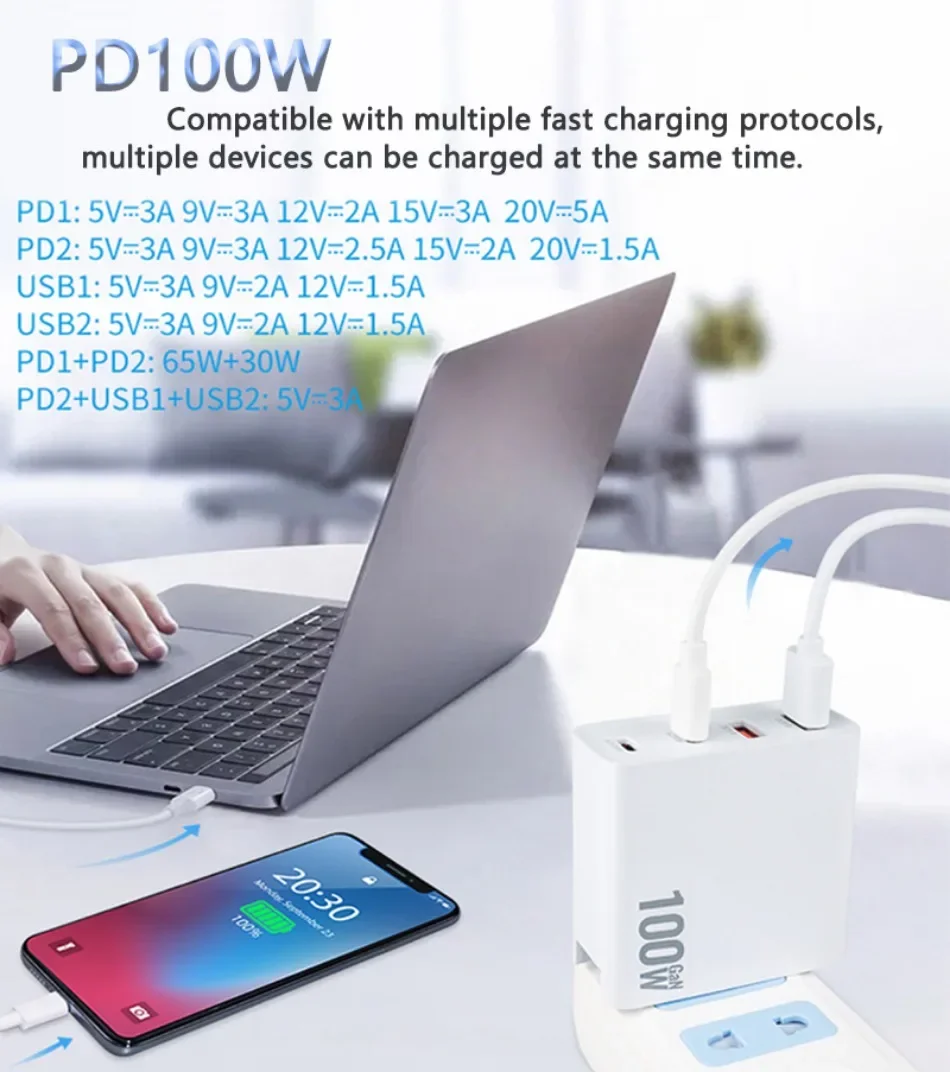 100W GaN Charger Convertible Plug Folding Pin QC3.0 USB-A Dual Type C PD Fast Charging Adapter for Notebook Mobile Phone Tablet