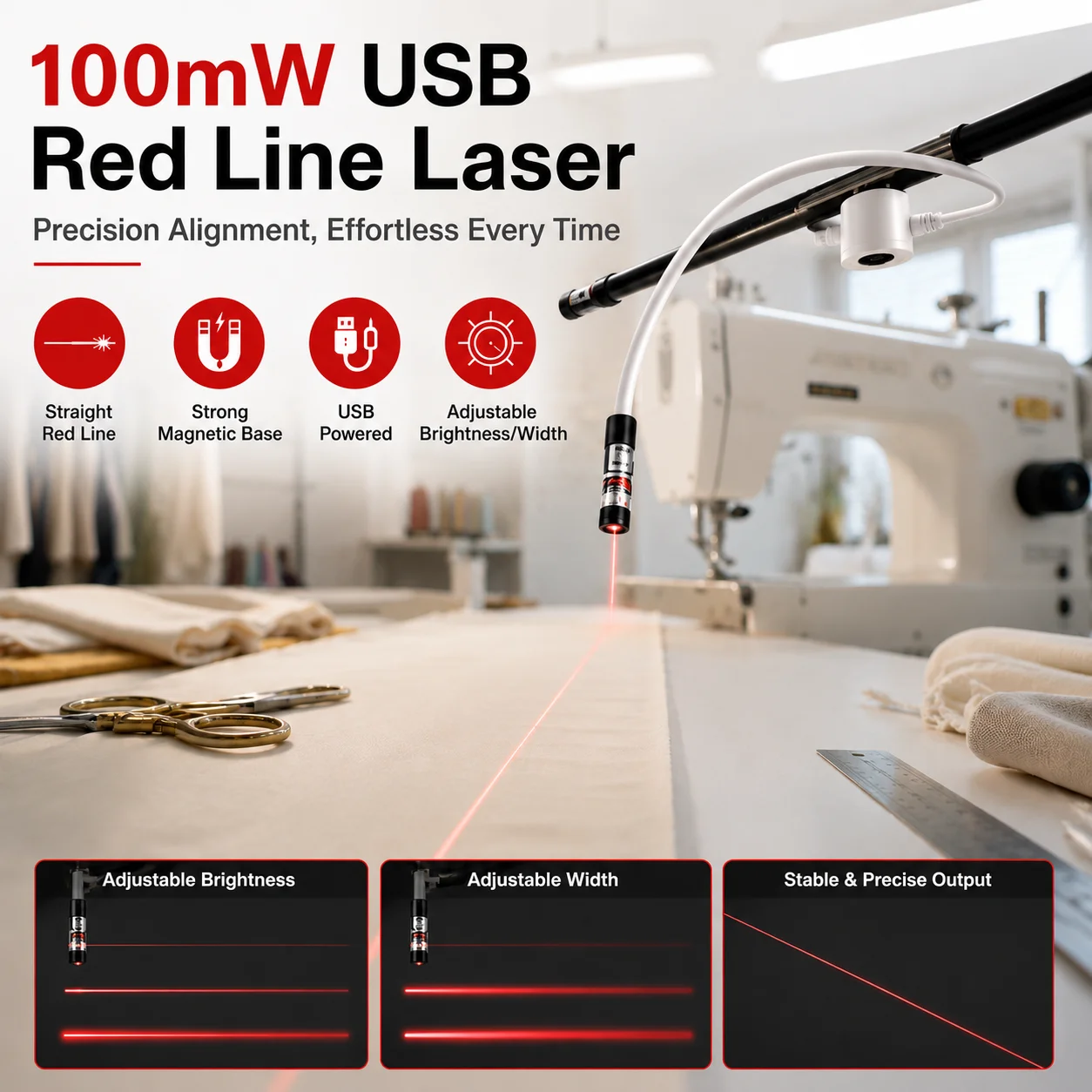 USB Rotes Infrarot-Laser-Positionierungslicht mit Magnetfuß DC5V Punkt-Linien-Kreuz Arbeitslampe Schneid- und Nähmaschinen-Zubehör – Detail 1