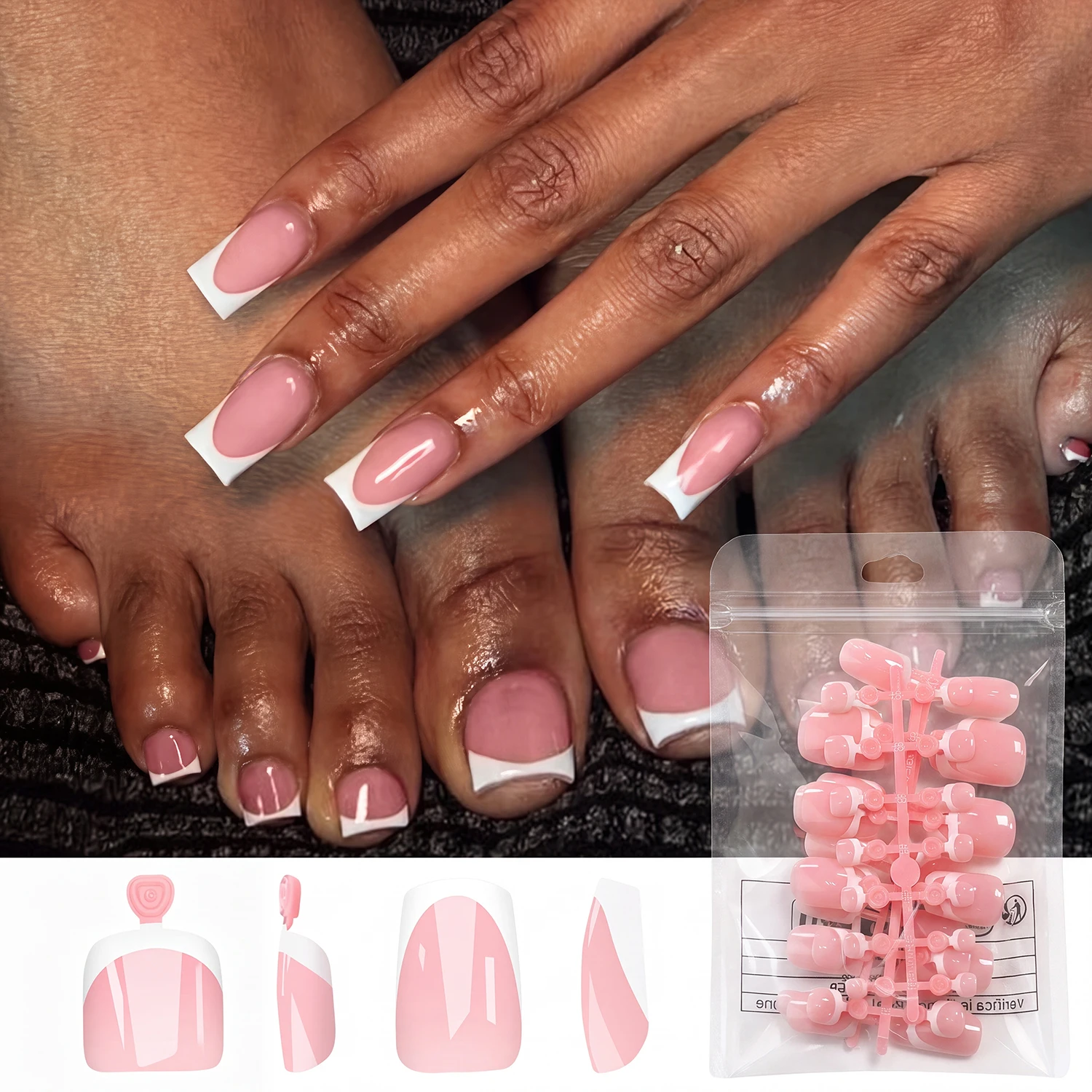 48 Stück Weiße French-Tip Aufklebenägel für Zehen und Finger, Kurze Quadratische Künstliche Hand- und Fußnägel, Glänzend Rosa, Tragbare Falsche Zehen- und Fingernägel – Detail 5