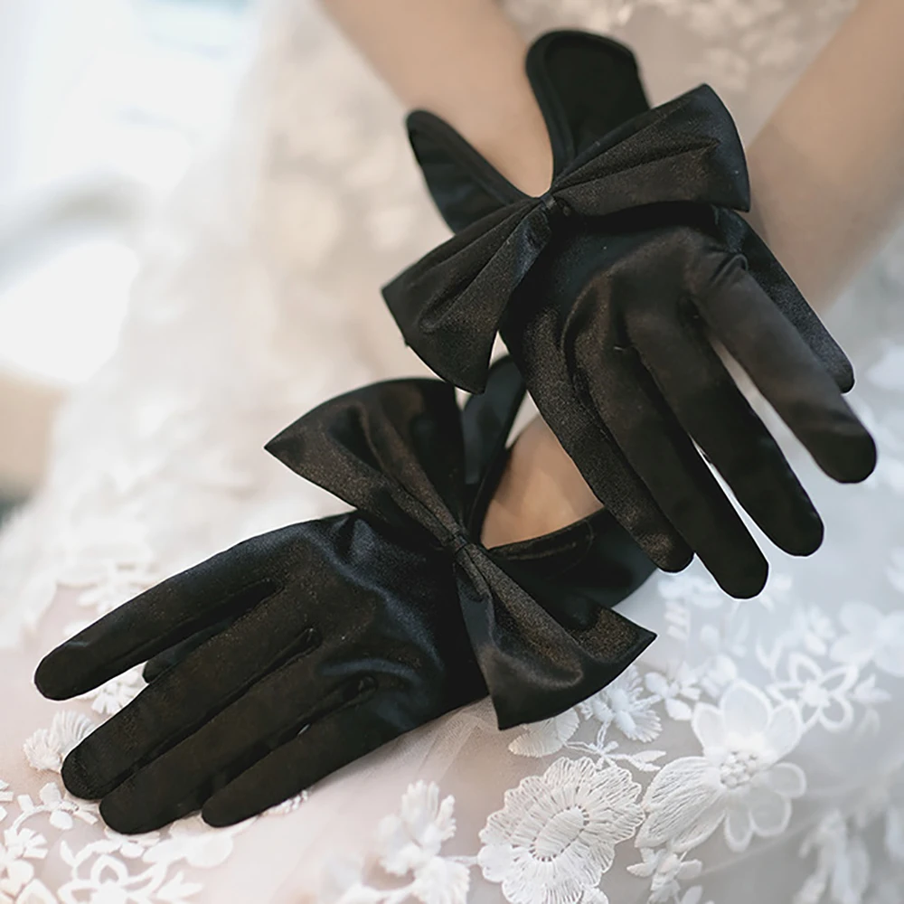 Bridal Elegant Prom Lvory Women Short Design Full Finger Gloves Bow Kont Gloves Wedding Accessories Satin Mittens