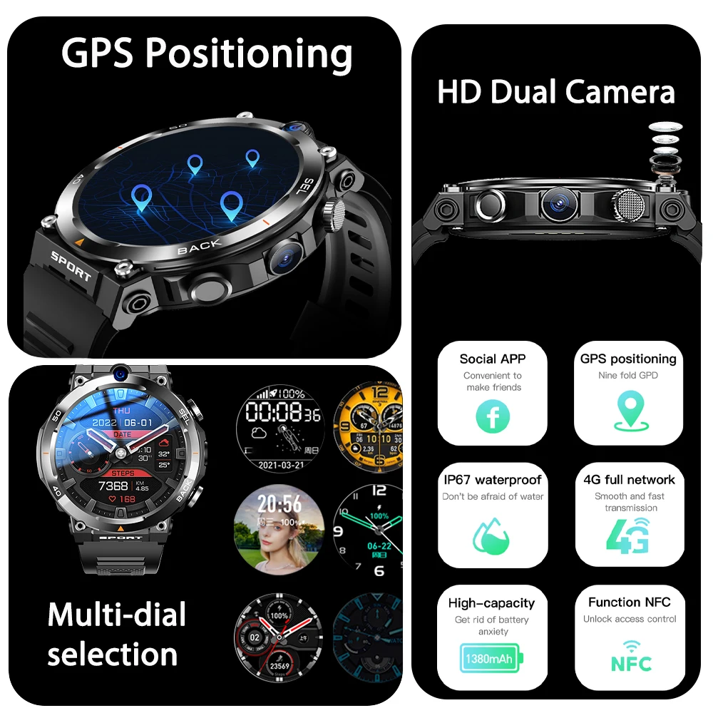 SERVO H10 4G LTE Smartwatch 1.39\'\' Dual Camera Face Unlock GPS Positioning Wifi Google Play Store Smart Watch Men For Android