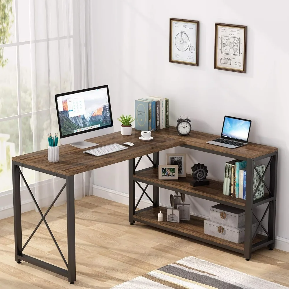 

Reversible Industrial L-Shaped Desk with Storage Shelves, Corner Computer Desk PC Laptop Study Table Workstation, Office Desks