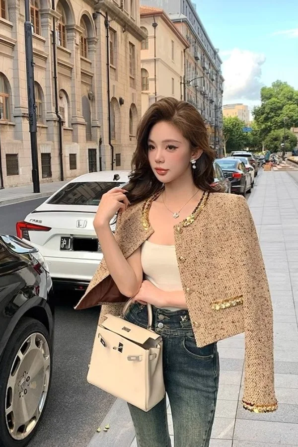 

​​Women's Glitter Boucle Short Jacket Quilted Autumn Winter Petite Elegant Lined Faux Fur Collar Fleece Outerwear​​