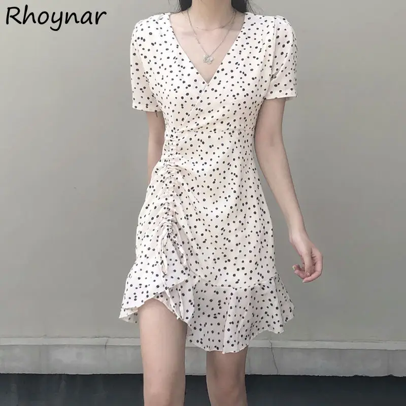 

Short Sleeve Dress Women V-neck Drawstring Floral Retro Sweet Gentle Stylish Girls Summer Streetwear All-match Ruffles Casual