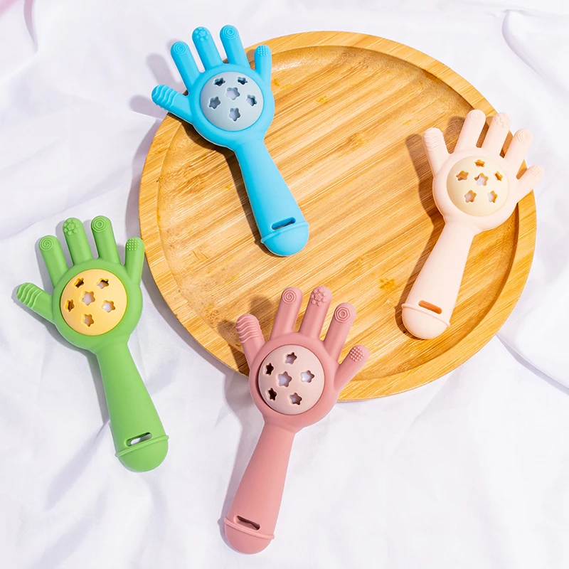 

Silicone Palm-Shaped Rattle Teether, Baby Anti-Hand-Eating and Teething Tool, Newborn Soothing Toy