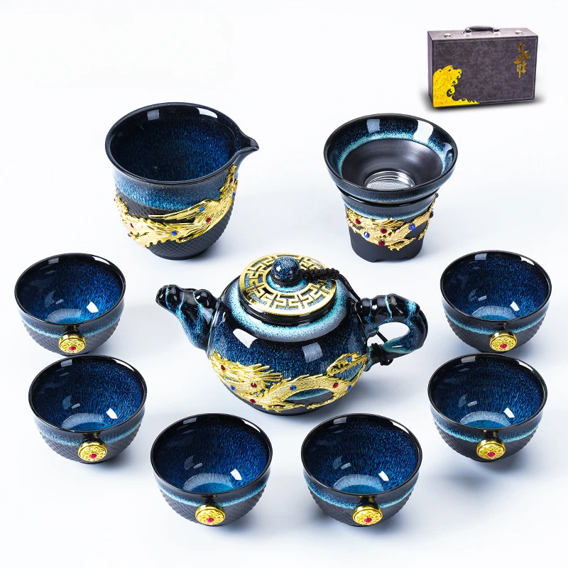 Gold inlaid jade kung fu tea set, household Chinese style tea set, light luxury, portable