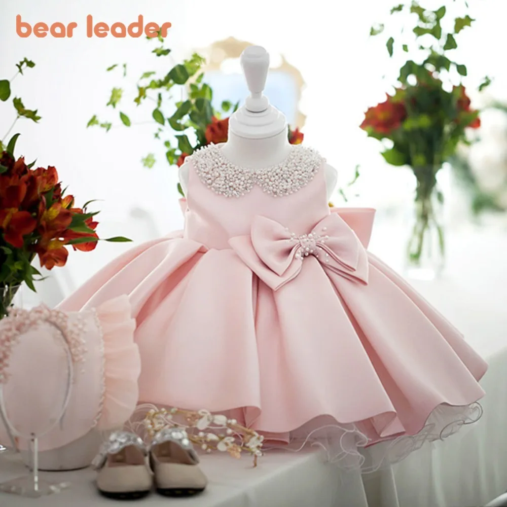 

Bear Leader Cute Baby's First Birthday Gift Solid Color Girls Dresses Pearl Bow Sleeveless Princess Evening Dress 1-8 Years Old