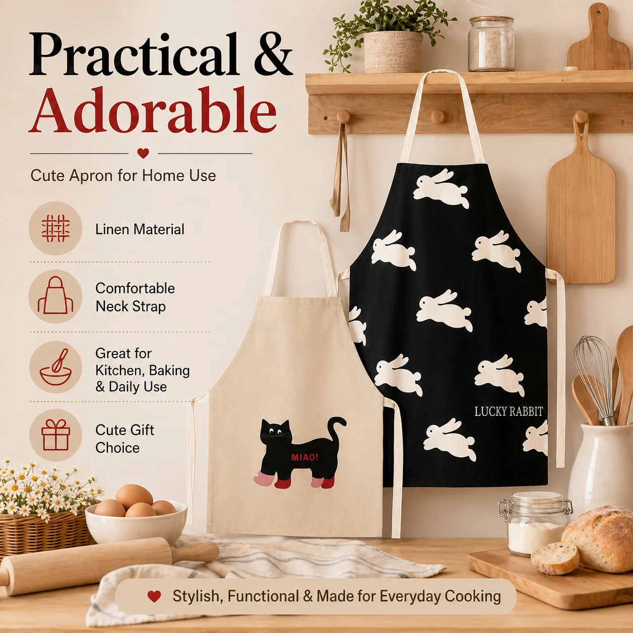 Cute Black Cat White Rabbit Linen Apron 2D Flat Printed Kitchen Cooking Bib for Women Home Baking Pinafore Daily Cleaning Cloth - view 6