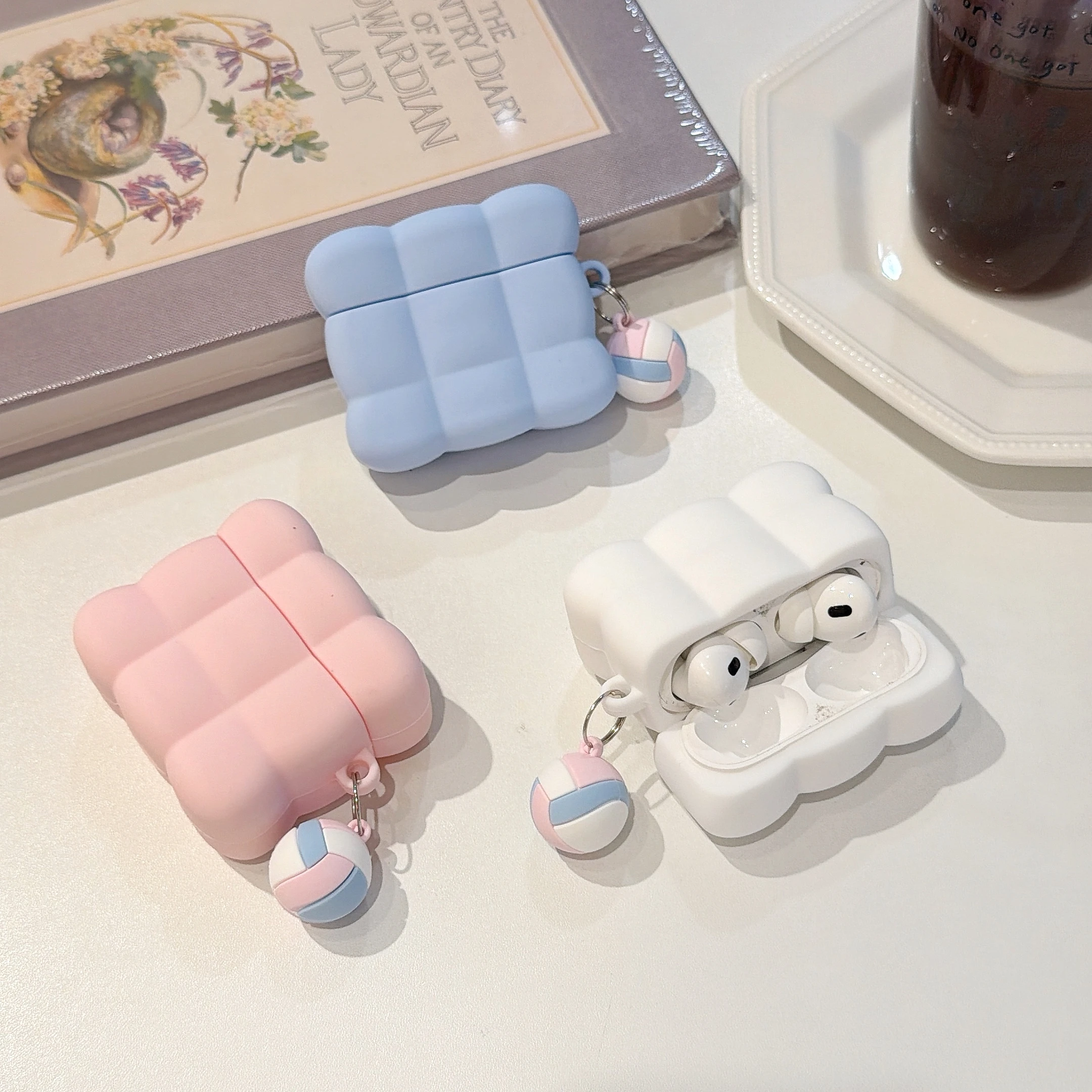 Kawaii Cloud Earphone Case, Cute 3D Puffer Plaid Soft Silicone Earphone Cover with Volleyball Charm for AirPods 4 5 Pro 3 2