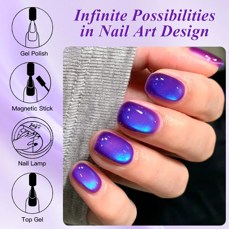 MEET ACROSS 7ml Purple Gem Cat Magnetic Gel Nail Polish Sparkling Glass Bead Effect Semi Permanent Varnish Soak Off Gel Nail Art