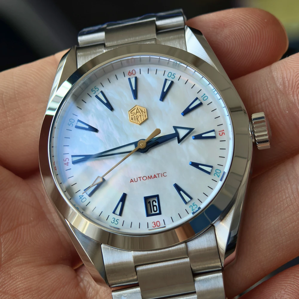 سان مارتن 38 مللي متر MOP الهاتفي الرياضة ساعة فستان فاخر الرجال NH35 الحركة التلقائية الميكانيكية ساعة اليد مقاوم للماء 100 متر SN0113W V2 #2