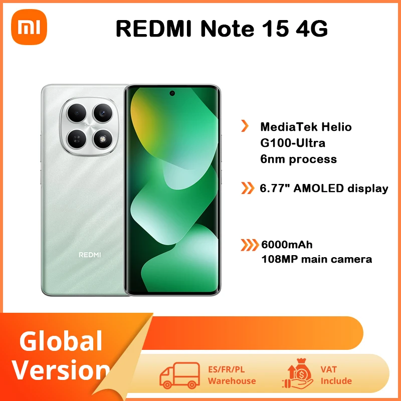 Xiaomi Redmi Note 15 4G NFC Global Version 6.77 AMOLED MediaTek Helio G100 Ultra 108MP IP66 Camera