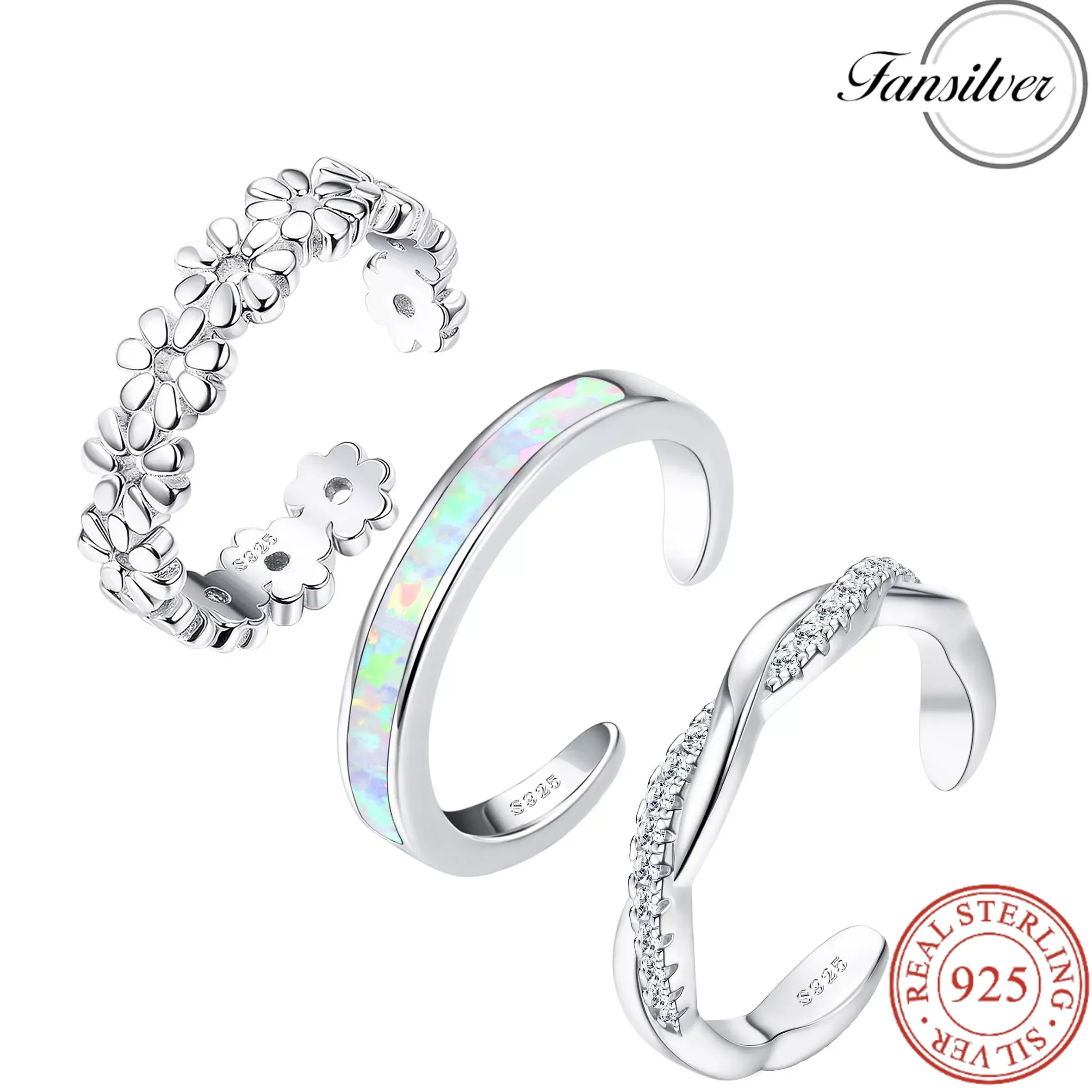 Fansilver-S925 Anel de Prata Esterlina para Mulheres, Anéis Ajustáveis, Banhado a Ouro Branco, Flower Cz Snake Twist, Opal Band, Jóias