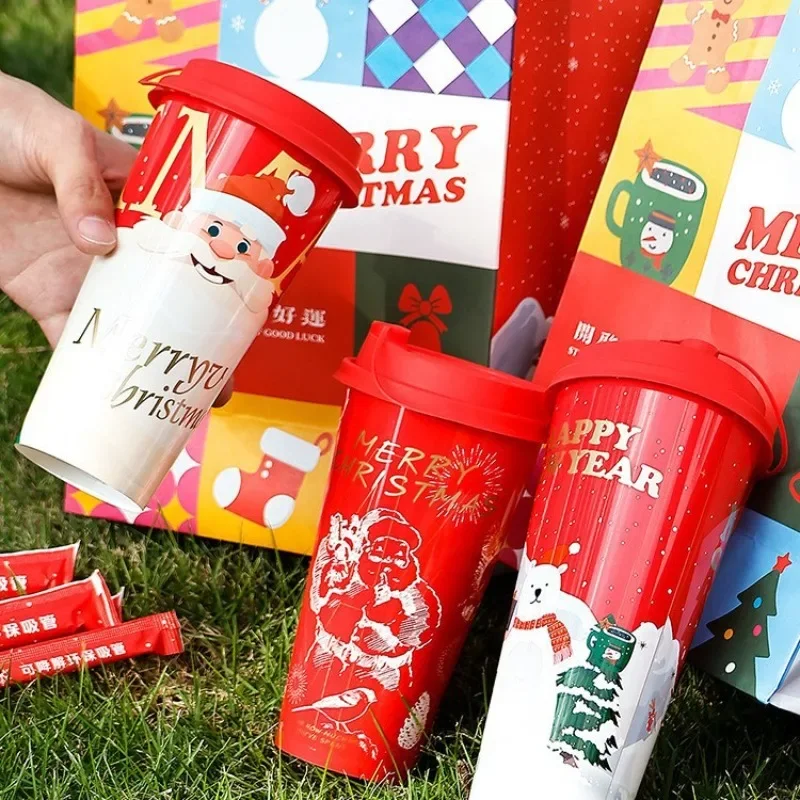 

10pcs Festive Christmas Coffee Cups 22oz Reusable Holiday Mugs with Lids, Leak-Proof, Various Santa Claus for Parties, Travel