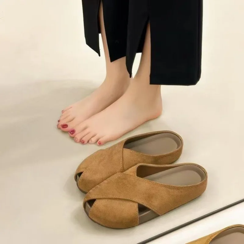 New Arrival Cross Design Closed Toe Mules, Soft Sole Suede Slides, Versatile Commute Daily Wear Women Backless Half Sandals view 5