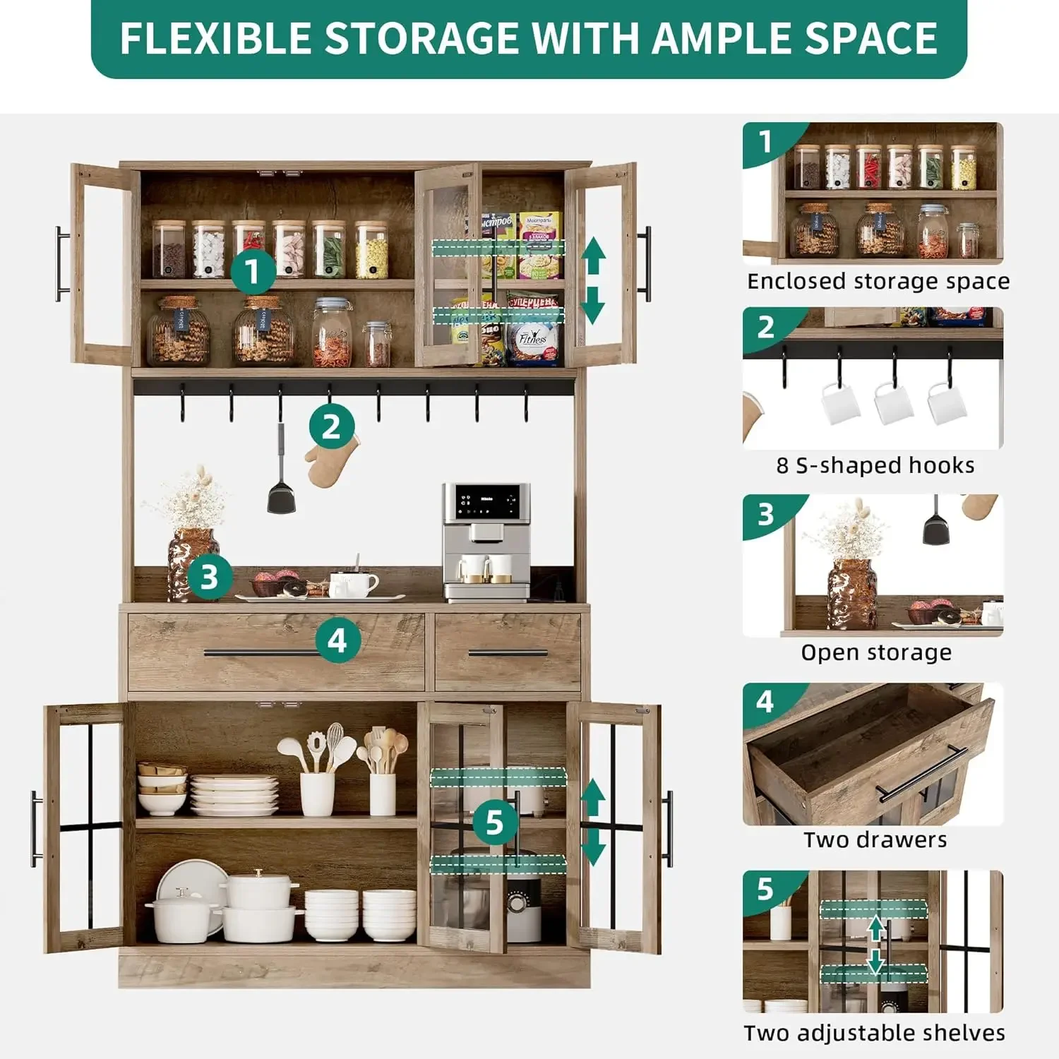 71" Farmhouse Kitchen Pantry Storage Cabinet with Power Outlet, Freestanding Hutch Cabinet