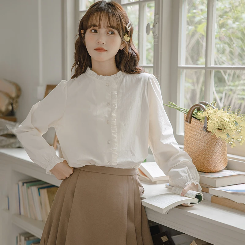 

White Blouses Ruffles Spring Autumn Sweet Elegant Vintage Women Shirts Korean Fashion Chic Simple Blusas Mujer