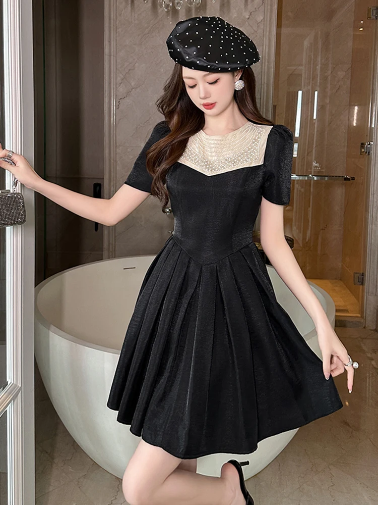 New Women\'s Retro Luxury Style Prom Dress Elegant Sweet Black Pearl Swing Short Ball Gown Party Banquet Vestidos Female Clothing