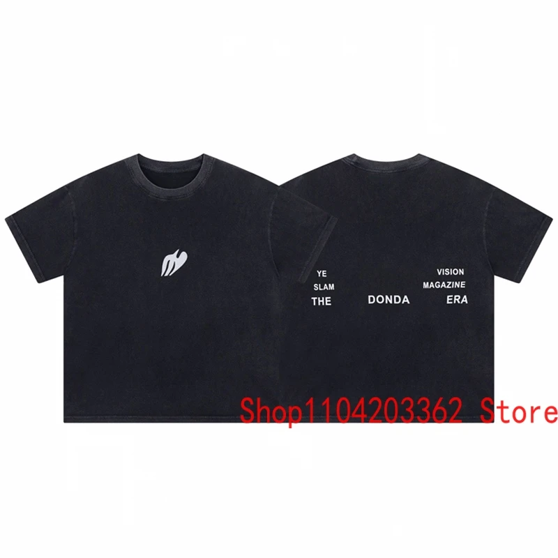 Vintage Washed Black Kanye West T-shirt Men Women High Street Loose Letter Print Crew-neck Tops Tee DONDA Short Sleeves