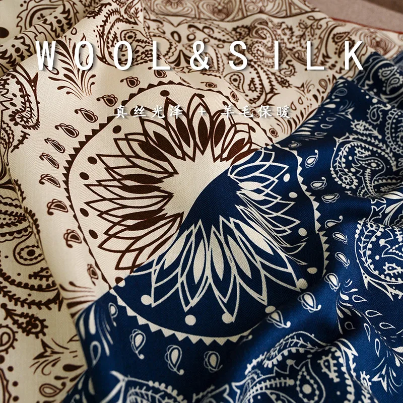 2027 Women’s Vintage Paisley Silk‑Wool Square Neck Scarf Navy Cream Color Block Bandana Neck Warmer Winter Accessories
