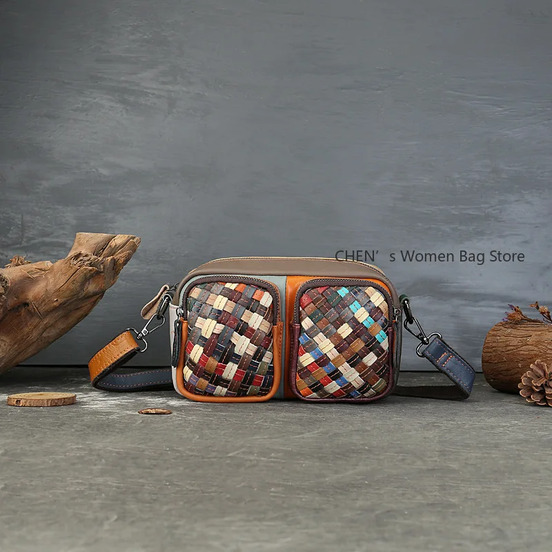 

Genuine Leather Woven Mixed Colors Women's Bag 2025 New Camera Bag Random Color Large Capacity Shoulder Crossbody Bags