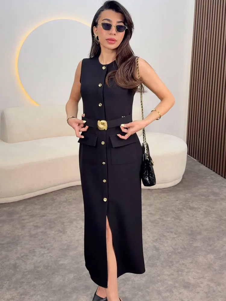 HH Women Elegant Black Dress O Neck Single Breasted Sleeveless Dresses With Belt Summer Casual Office Lady Dress Vestidos