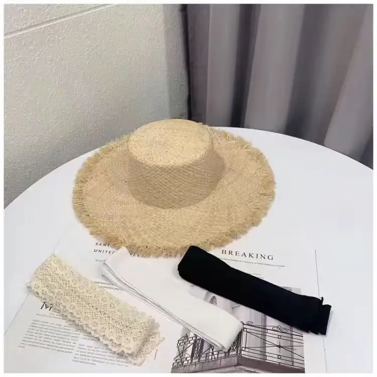 Mode handgemachte 100% natürliche Bast Dame Top große Krempe Strohhut Strand Mädchen Urlaub Panama Sonnencreme atmungsaktive Sonnenhut Großhandel – Detail 22