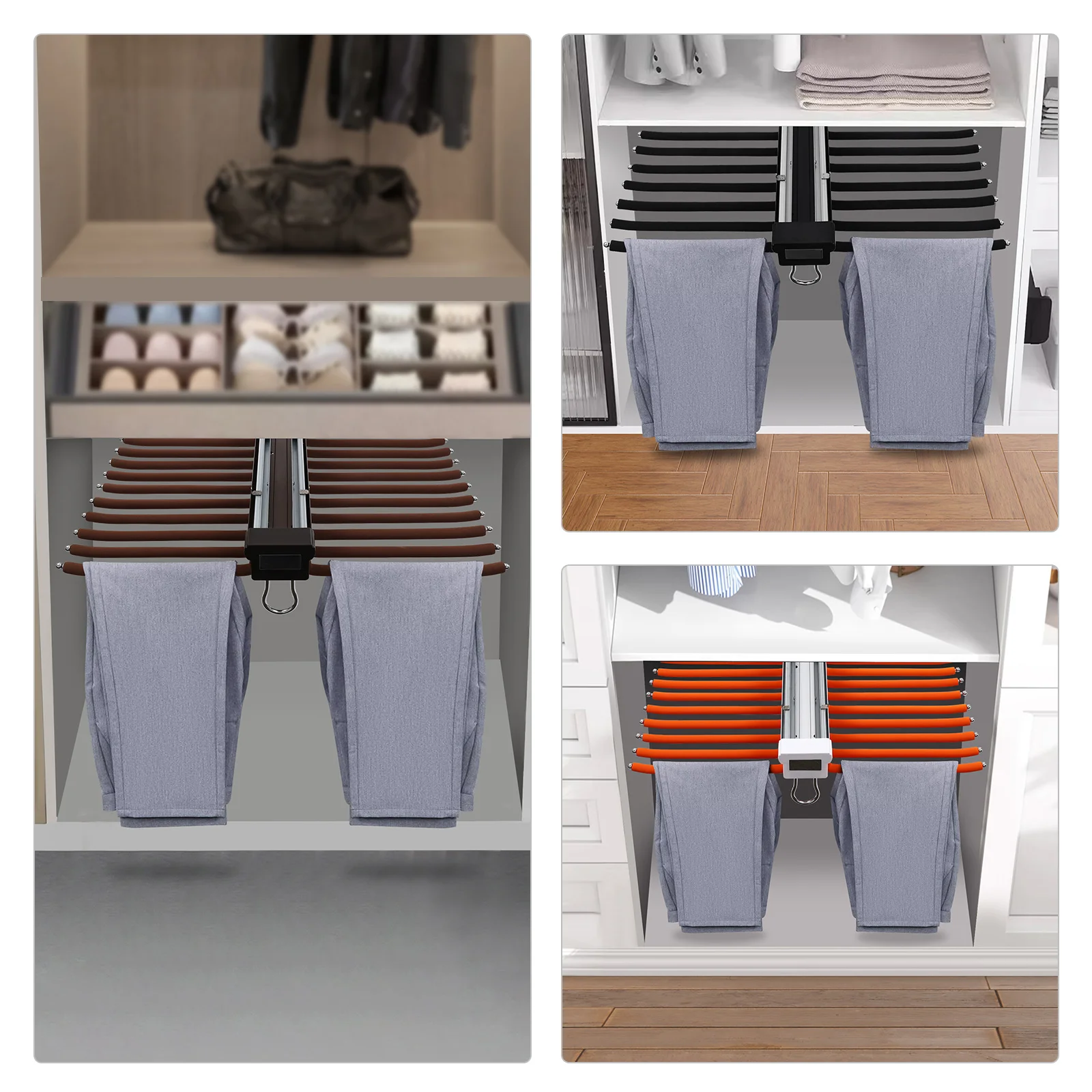 Ausziehbarer Hosenhalter, Einziehbarer Kleiderschrank-Hosenhalter, 22 Flockstäbe, 15 kg Tragkraft, geräuscharme Gleitschiene, Kleiderschrank-Aufbewahrungsorganizer – Detail 5
