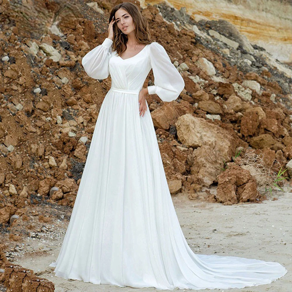 

Romantic Puff Sleeve Chiffon Wedding Dresses for Women 2023 Elegant V-Neck A-Line Lace-up Backless Bridal Dress robe de mariée