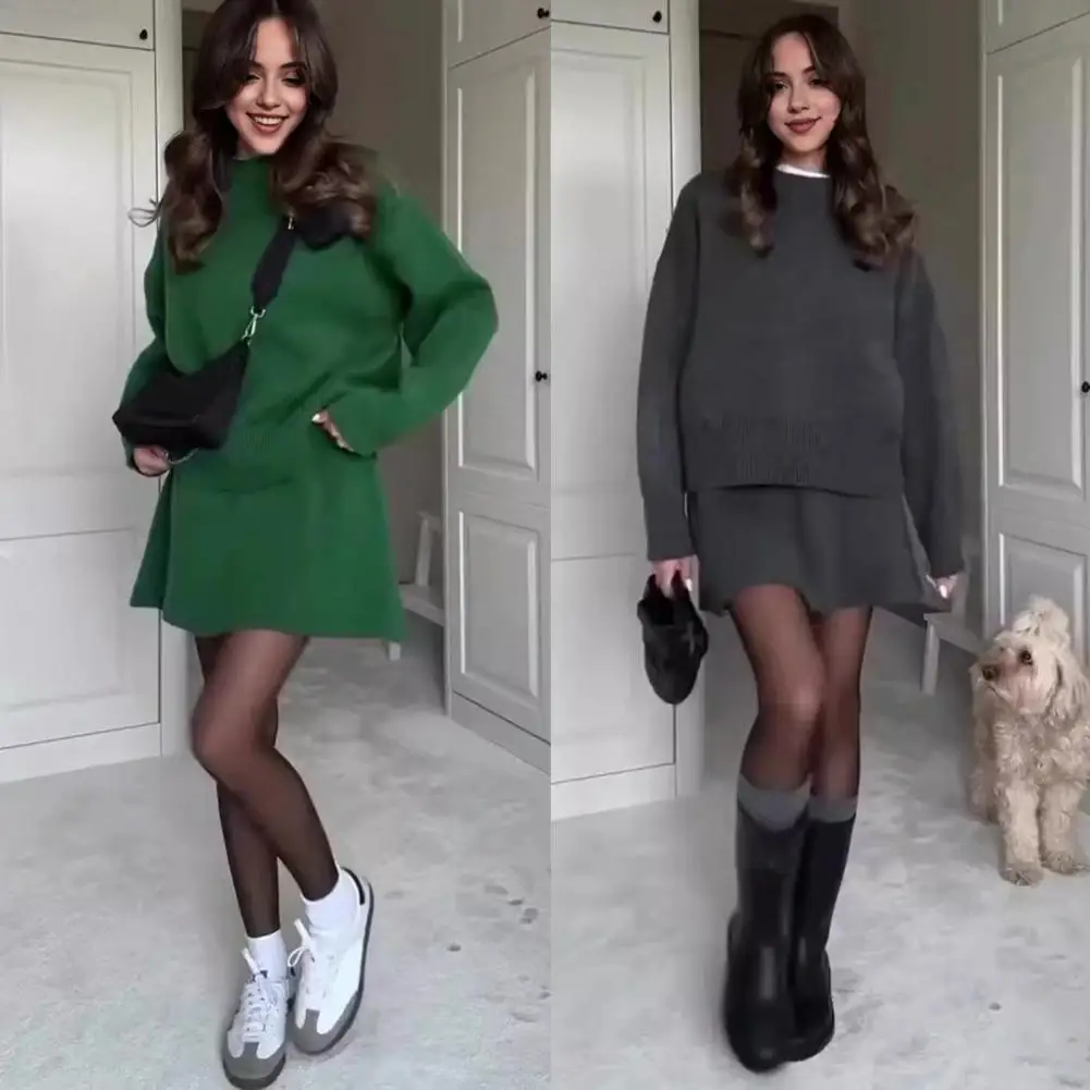 Pullover Sweater Skirt Set Sweater Set Knit Sweater Skirt Set Cozy O-neck Pullover with A-line Mini Skirt Solid Color for Women