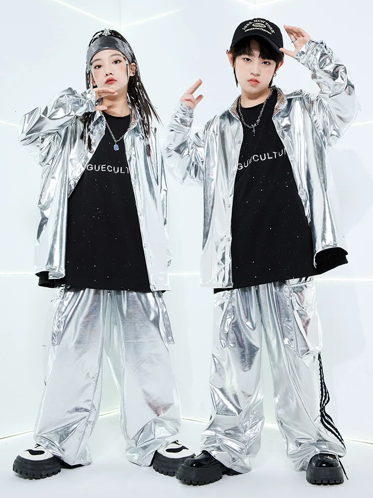 Jazz Modern Dance Costumes For Girls Silver Leather shirt Loose Pants Suit Boys Hip Hop Performance Stage Wear