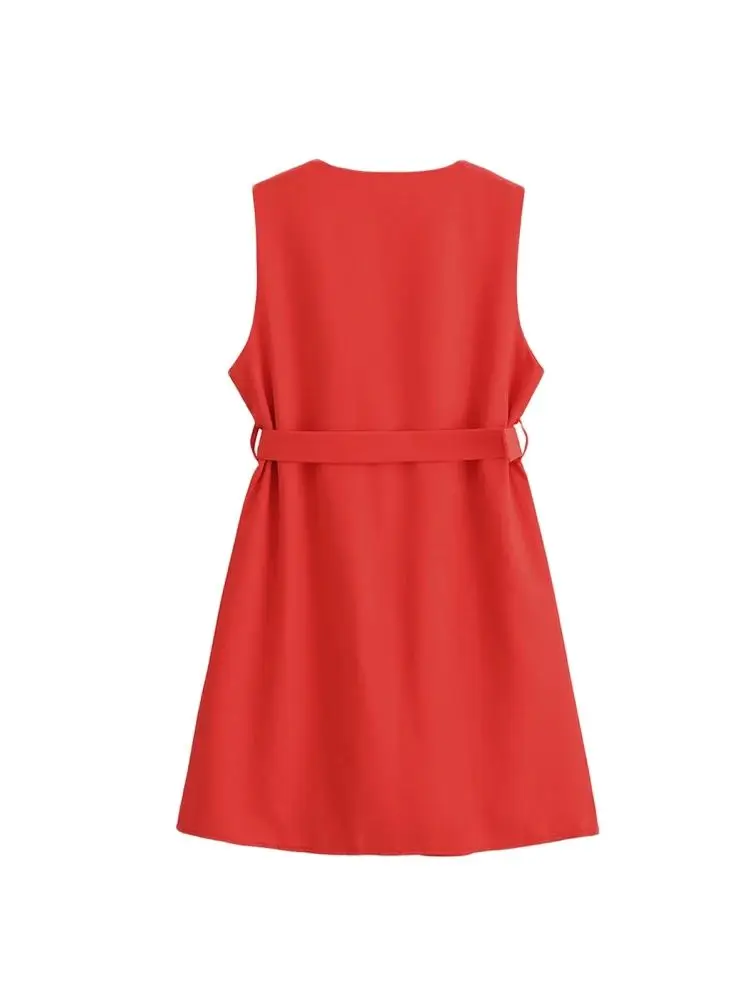 Minivestido sem mangas com decote em V para mulheres, bolsos de remendo, vestidos femininos, moda chique