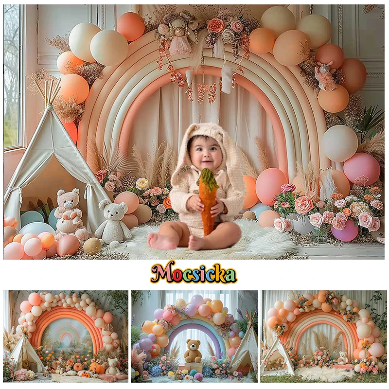 

Mocsicka Photography Background Rainbow Arch Balloon Bear Kids Birthday Maternity Wedding Portrait Decor Backdrop Photo Studio