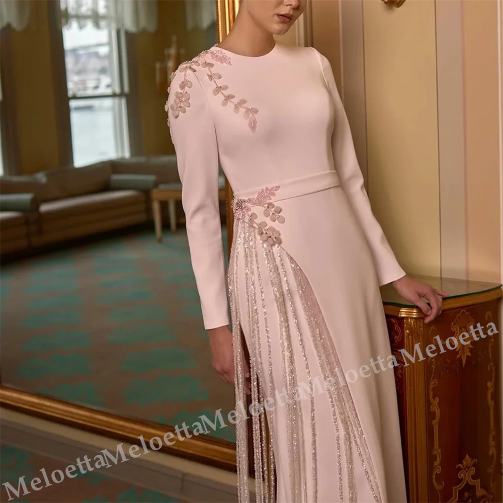 

Customized Formal Long Sleeves Evening Dress O-Neck A-line Applique Long Dresses High Quality Elegant Party Wedding Glitter