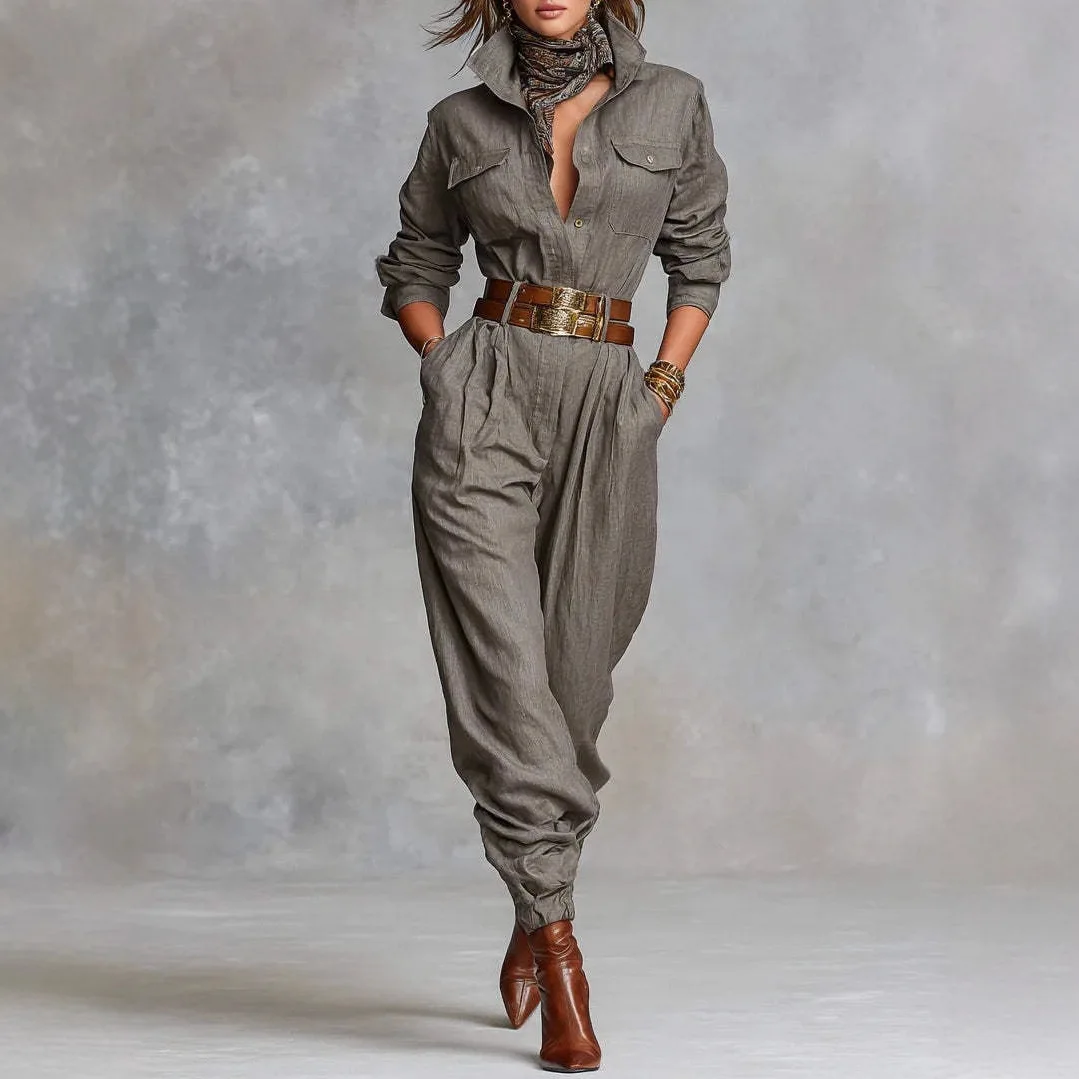 

2025 Women's Fashion Long Sleeve Shirt Collar Pocket Jumpsuit Long Pants