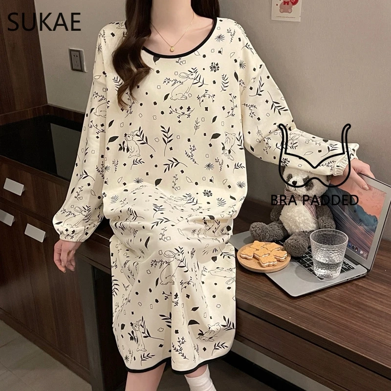 SUKAE النساء قمصان النوم الطويلة الترفيه فضفاضة جديدة البلوز فستان النوم الخريف الشتاء سيدة ثوب النوم لينة فو حمالة صدر قطن منصات فستان