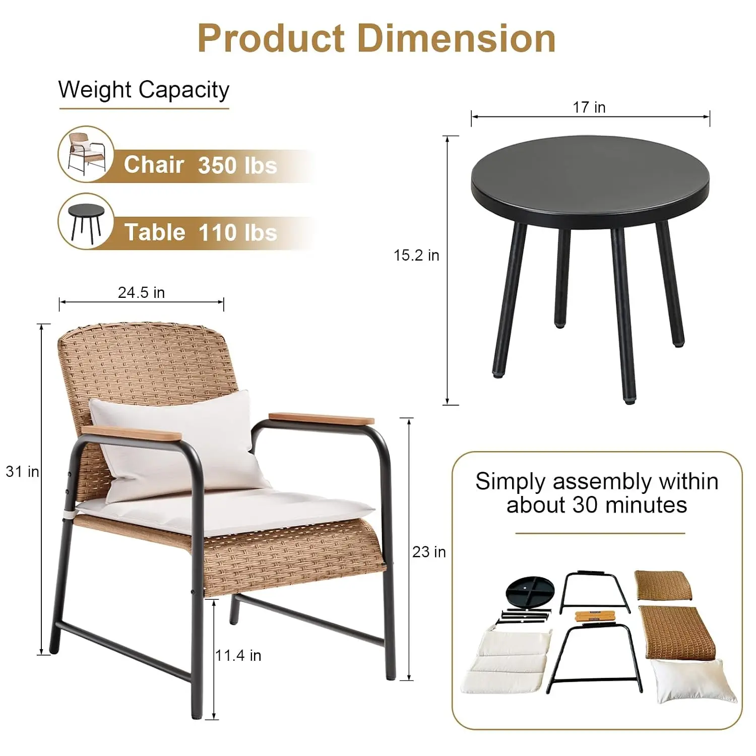 3-Piece Wicker Patio Bistro Set with Coffee Table & Cushions for Yard Garden Balcony, Beige, Customized