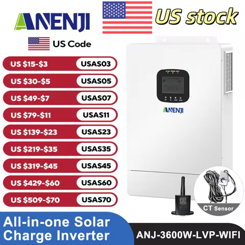 ANENJI 3.6KW 48V Hybrid Solar Inverter 110-120V Parallel US Specifications on/Off-Grid MPPT 80A Solar Charge Controller WiFi