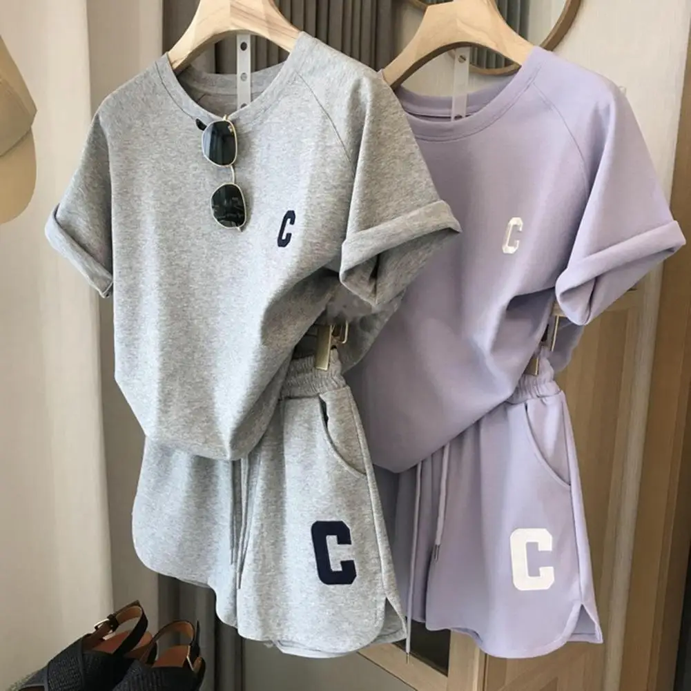 2Pcs Summer Women Tracksuit Soft Drawstring Elastic Waist Sport Clothes O Neck Letter Print T-shirt Lady Exercise Top Shorts Set