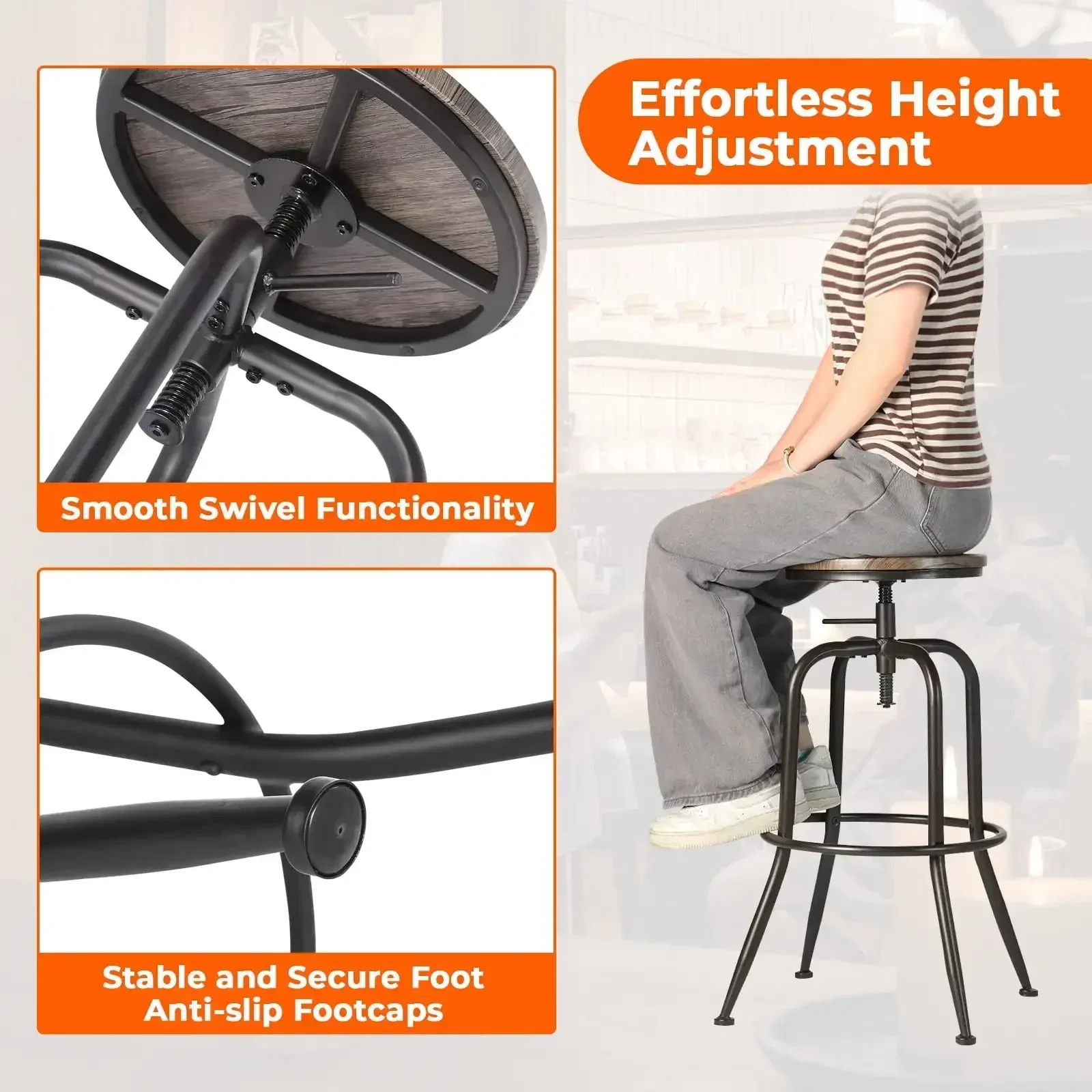 Swivel Bar Stools Set of 2, Adjustable Height Vintage for Home Kitchen Island, Walnut