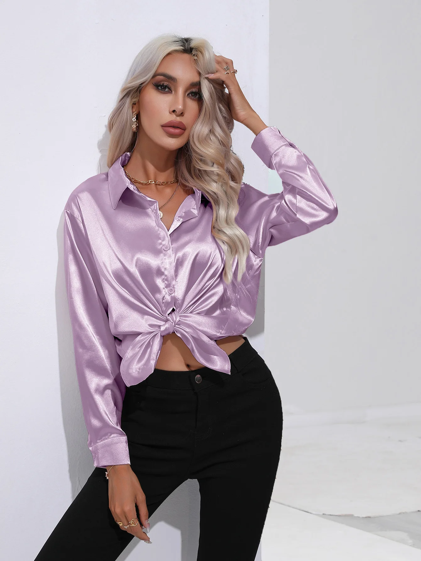 2024 Spring Summer Satin Shirt Women V Neck Long Sleeve Office Shirt Blouses Ladies Black White Silk Loose Shirts For Women