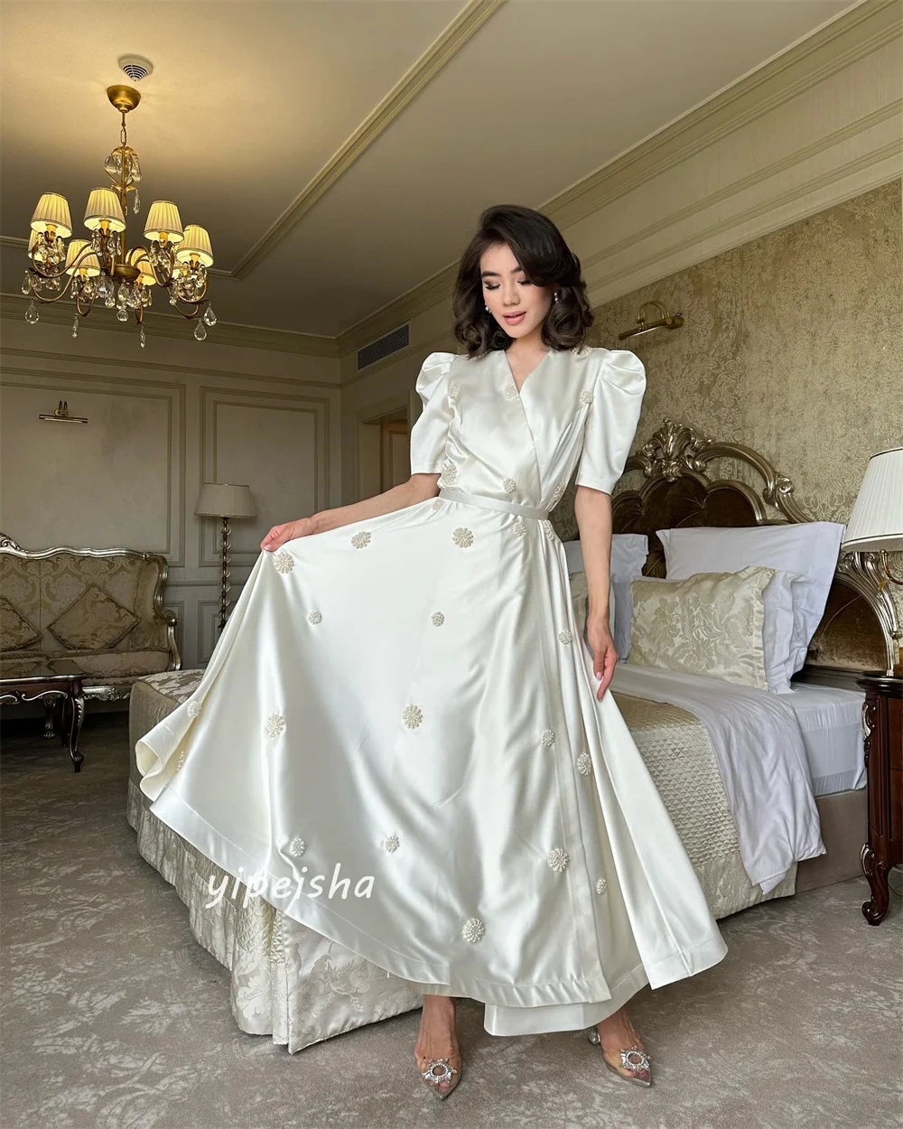 Jiayigong Satin Beading Draped Pleat Homecoming A-line V-Neck Bespoke Occasion Gown Long Sleeve Dresses