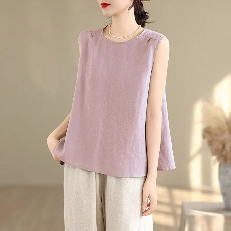 

Women's plus Size Summer New Style round Neck Sleeveless Vest T-Shirt Thin Base Shirt Belly Cover Commute Fashion Artistic