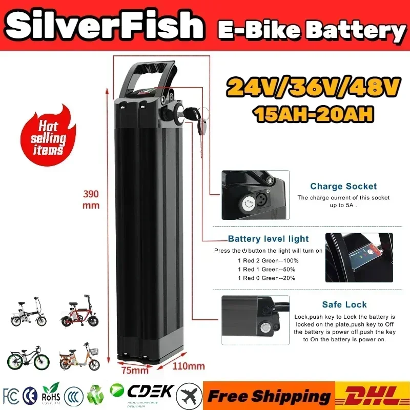 

Shock Proof Silver Fish 36V LI-ION Battery 15Ah 20Ah For 350W 500W 750W Bottom Heybike City Commuter