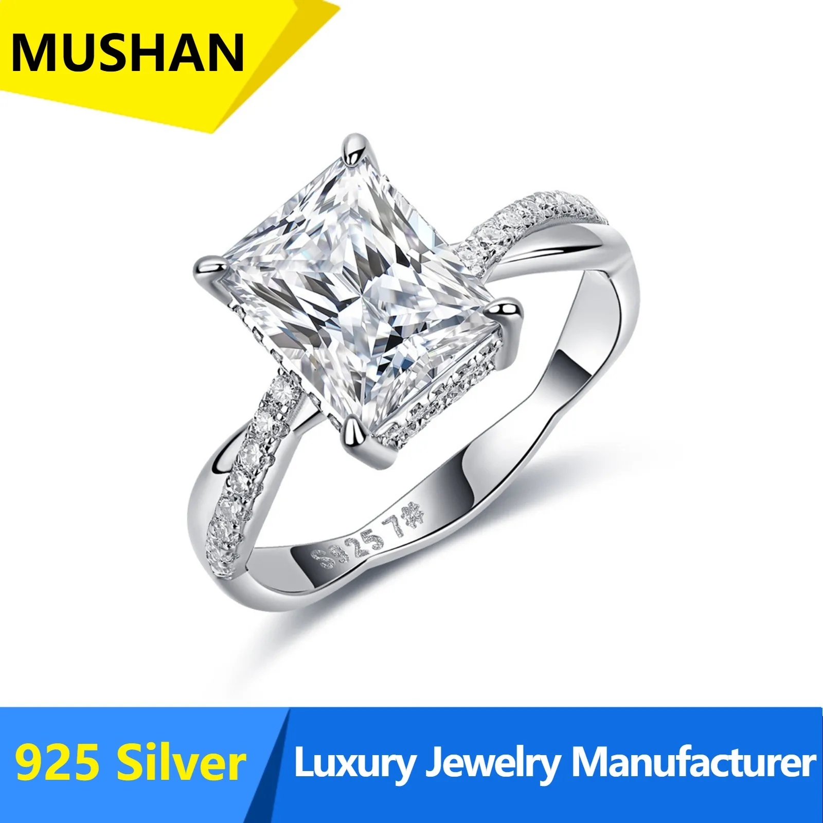 MUSHAN Luxury S925 Sterling Silver 3 Carat Princess Square Four-claw Square Side  American Engagement Ring Cross-border Spot