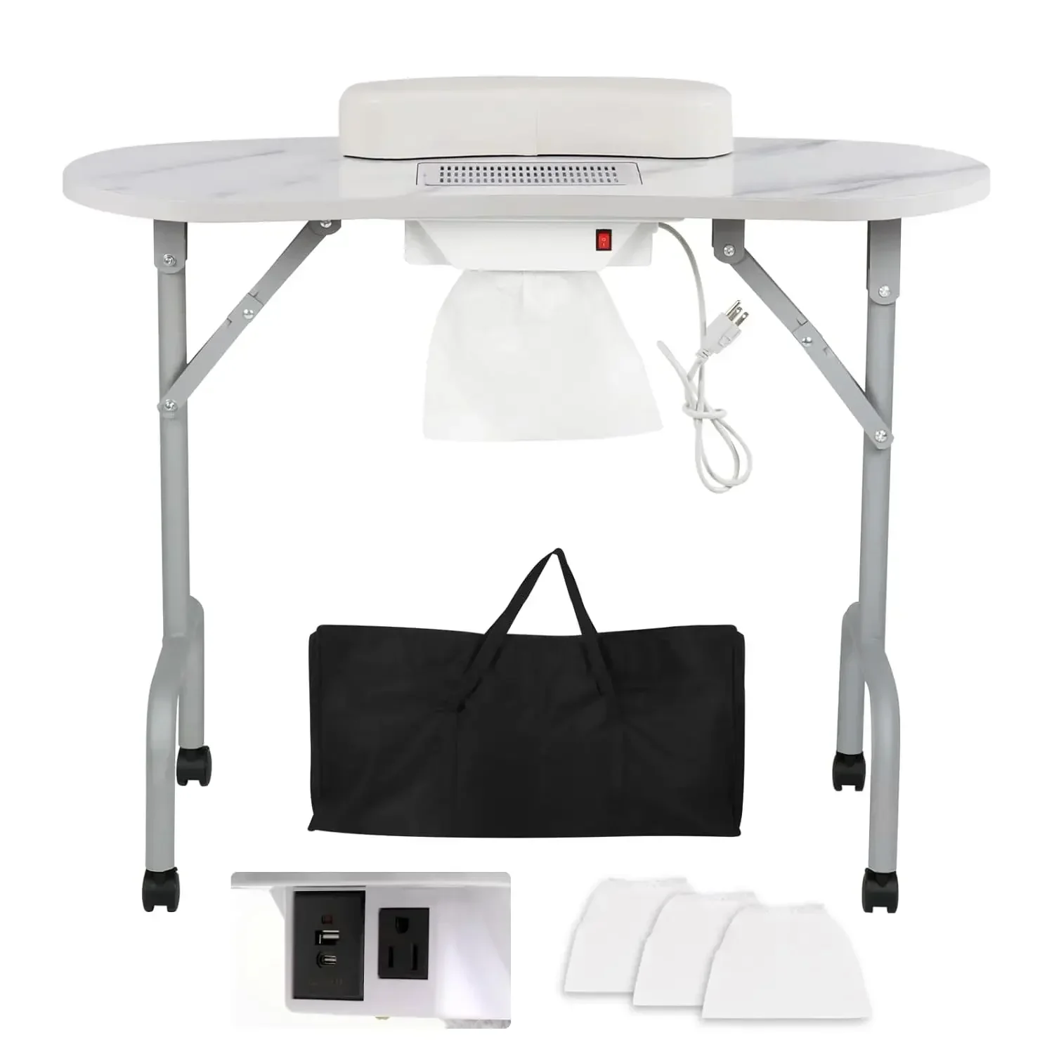 Manicure Table Foldable Nail Desk with Charging Station & Dust Collector Professional Nail Tech Table for Technician Spa Salon W