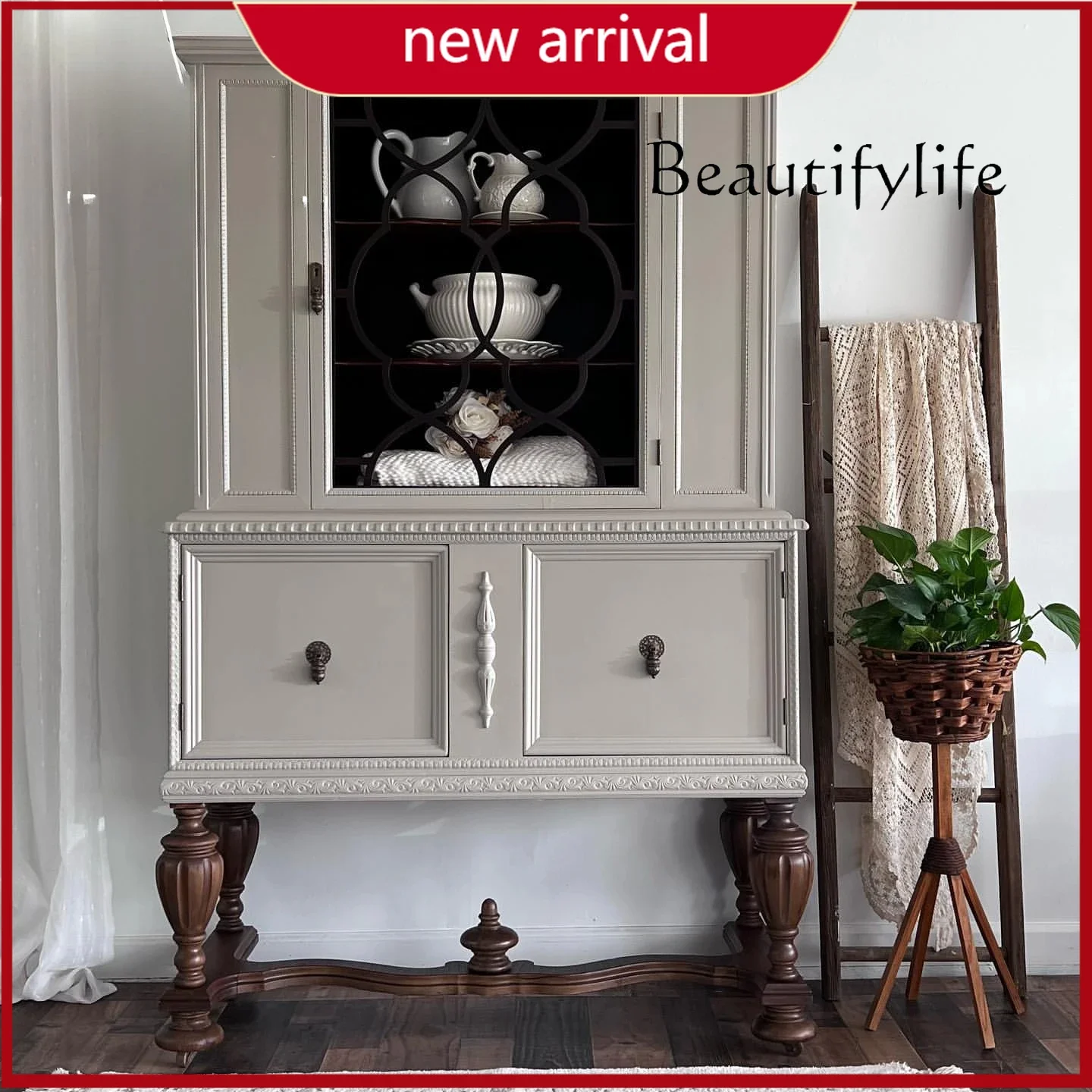 

Rr ZR Французский ретро обеденный боковой шкаф из цельного дерева Американский современный простой настенный шкаф для хранения вещей в гостиной