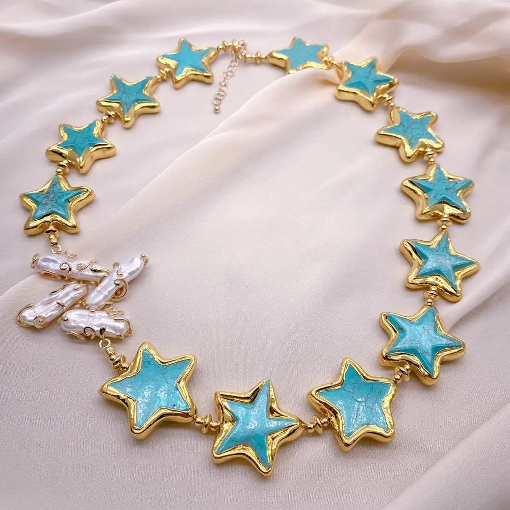 

KKGEM 45x47mm White Biwa Pearl 30mm Blue Turquoise StarChoker Necklace 20.5"